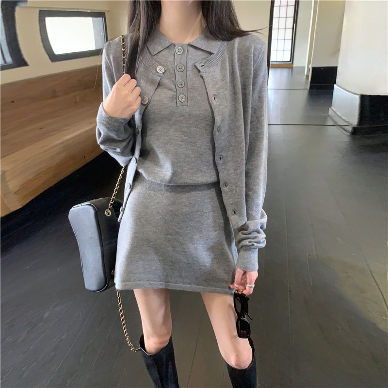 實拍 真 秋季休閒針織套裝女修身開衫短款背心顯瘦半裙三件套