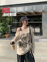 Photographed~ American-style spicy girl design sense niche off-shoulder long-sleeved T-shirt women's autumn unique loose off-shoulder top