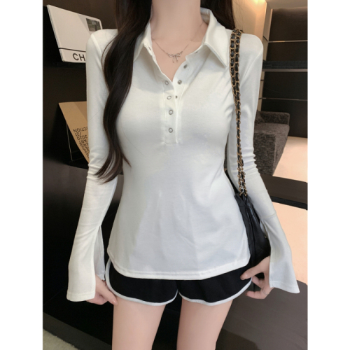 Real shot of rayon 1*1 2024 autumn long-sleeved T-shirt women's button-down polo collar design top