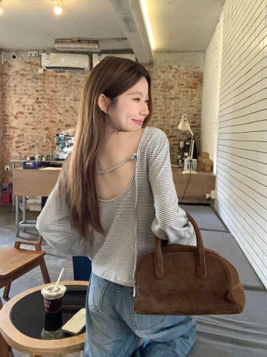 Actual shot of autumn new design casual backless U-neck long-sleeved striped T-shirt top for women