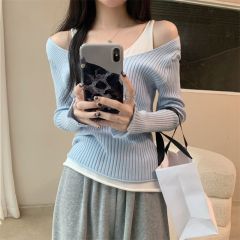實拍 真 秋季新款假兩件露肩內搭針織長袖上衣女