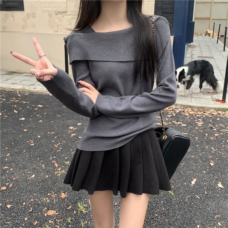 Real shot V-neck knitted base shirt autumn clothing irregular inner wear long sleeve top