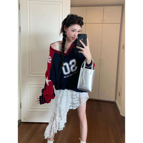 American retro contrasting color sports V-neck sweatshirt for women autumn 2024 new oversize lazy style long-sleeved top