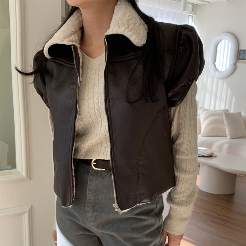 Korean winter new lamb fur all-in-one short velvet and thickened motorcycle jacket leather vest