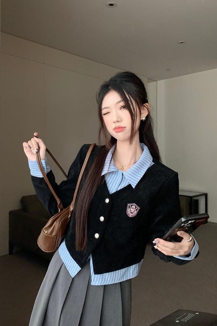 Original Version College Style Women's Pseudo-Two-Piece POLO Collar Long-Sleeve Shirt for Spring and Autumn Seasons