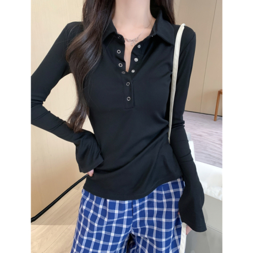 Real shot of rayon 1*1 2024 autumn long-sleeved T-shirt women's button-down polo collar design top