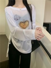 實拍 真 秋季復古印花寬鬆微透防曬罩衫長袖上衣T恤