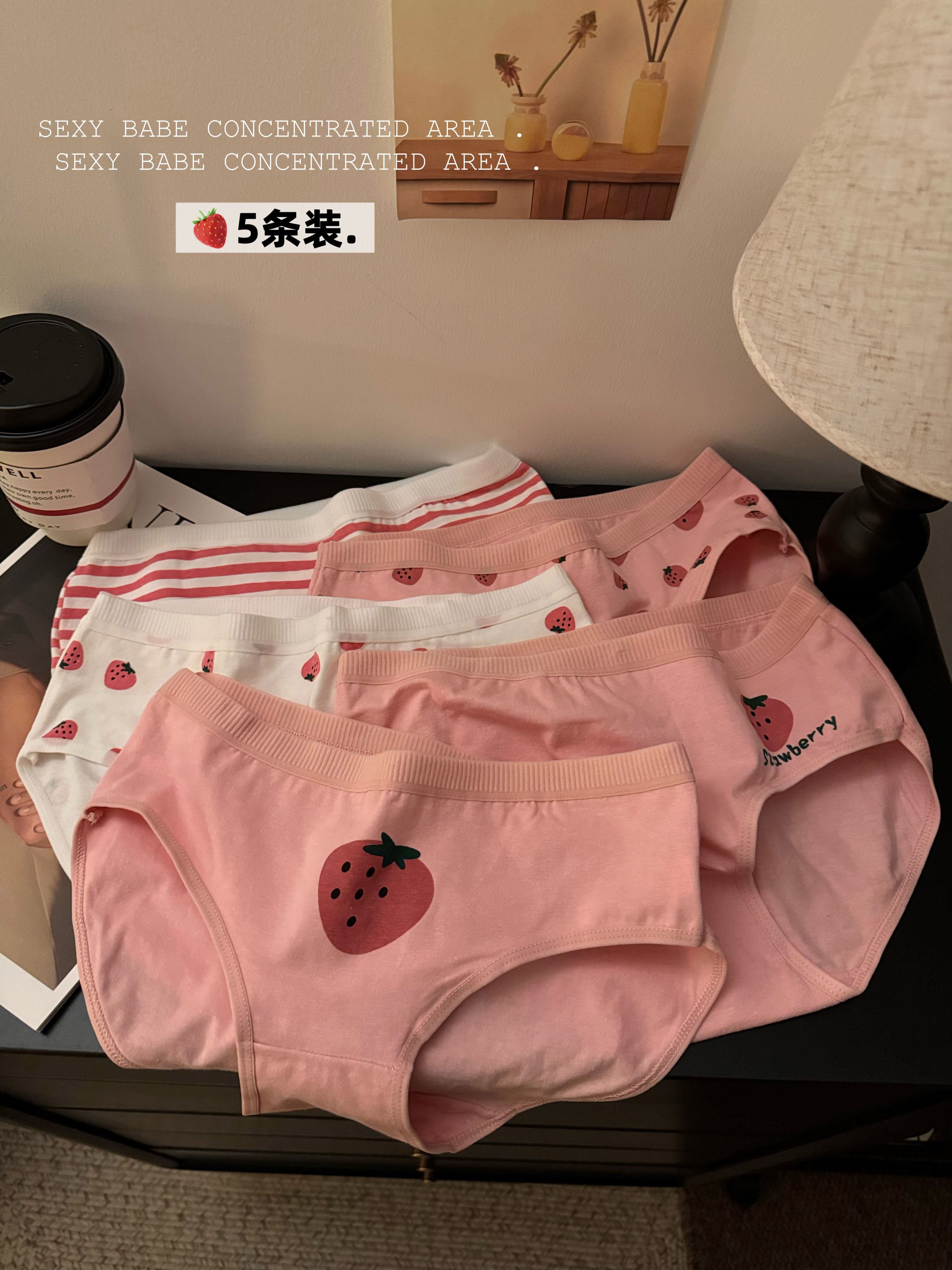 Real shot Japanese strawberry cotton antibacterial crotch briefs bottoms mid-waist student breathable underwear women's 5-pack