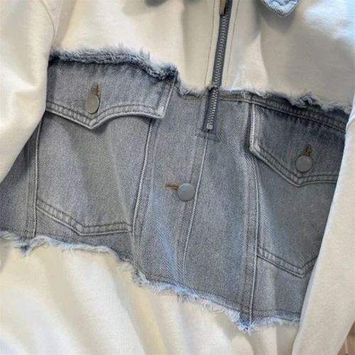 Chic Hong Kong-style denim patchwork jacket with a regular shoulder design, women's autumn American half-zip polo shirt with a stand-up collar