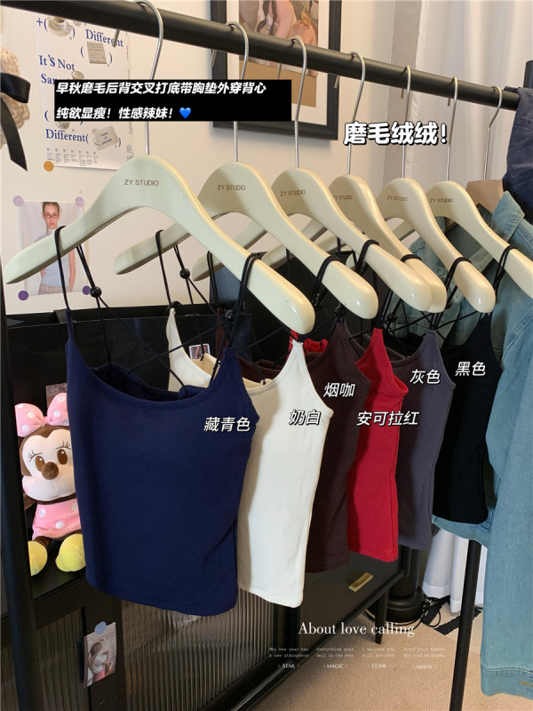 Actual shot~ Chic beaded cross square collar brushed warm camisole autumn and winter base layer