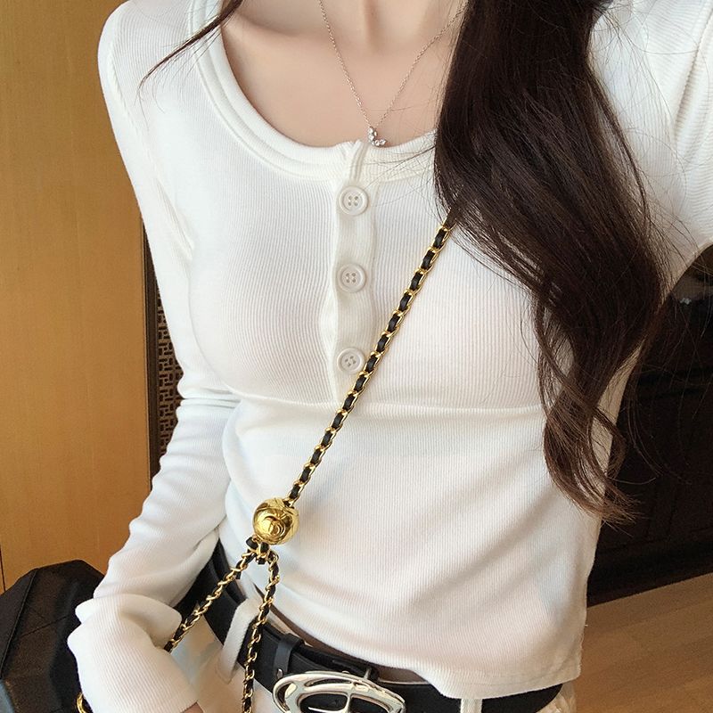 Photographed #Pure Cotton Base Shirt Women's Innerwear Autumn Winter Design Sense Minority Slimming Waist Top Long Sleeve T-Shirt
