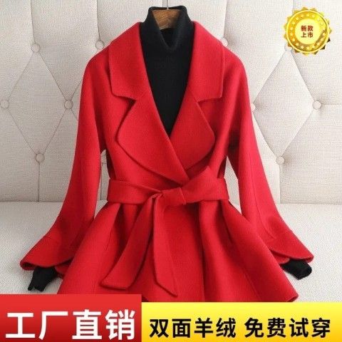 Double-sided cashmere coat short 2024 new high-end elegant tie waist slim small size red woolen coat for women 