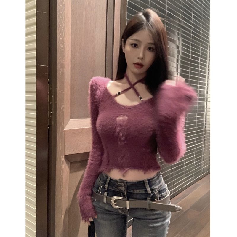 Korean style pure lust imitation mink fur one-shoulder halterneck high-end slimming and sexy off-shoulder knitted top
