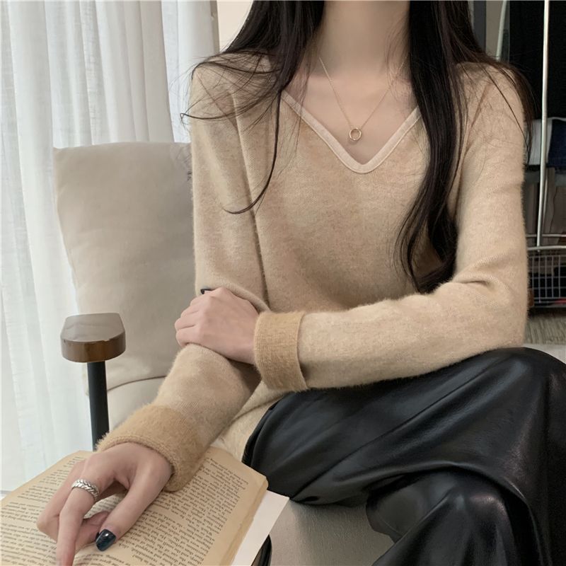實拍 真  秋冬新款V領加絨毛衣女加厚一體絨針織衫女