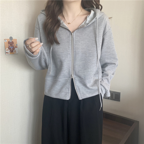 Actual shot of new spring Korean style zipper design hooded long-sleeved sweatshirt jacket for women