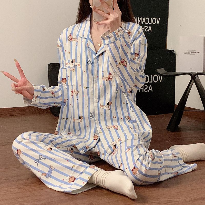 Women's Spring and Autumn New Style Loose Pajamas with Cloud Cotton and Breast Pads, Open Collar Cartoon Home Set