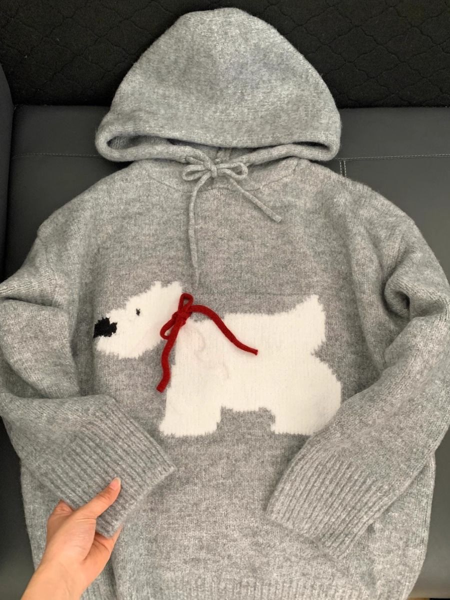 Grey Hooded Knit Sweater for Women - Winter Thick Cozy New Small Figure Inner Hoodie Sweatshirt Outerwear