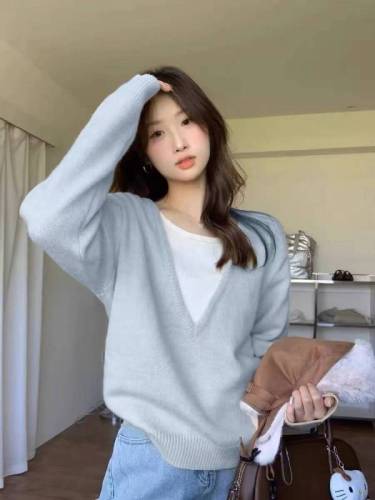 Yellow v-neck fake two-piece sweater for women early autumn design loose inner sweater Korean style chic top