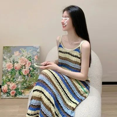 French sweet striped knitted suspender dress for women 2024 summer new style waist slimming long skirt