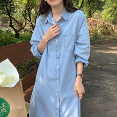 Korean Autumn New Simple Collar Single-Breasted Loose Shirt Dress Casual Long-Sleeve Denim Dress for Women