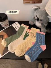 實拍秋季百搭襪子女中筒襪花朵堆堆襪長襪女襪純棉4雙裝