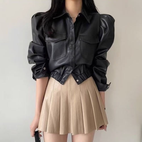 Autumn and winter Korean chic retro lapel single-breasted double-pocket leather jacket