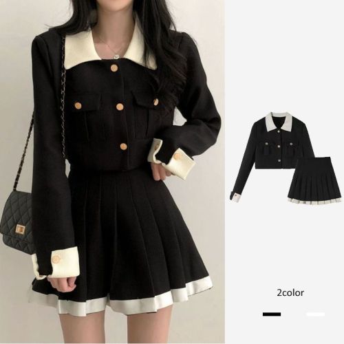 Korean chic autumn and winter temperament small fragrance contrasting color splicing lapel short jacket + high waist pleated skirt suit