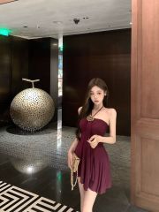 Actual shot of 2024 new plum jam ancient one-shoulder halterneck tube top mid-length dress