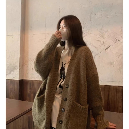 Korean lazy style ins soft waxy cardigan sweater jacket for women autumn and winter new loose outer sweater top