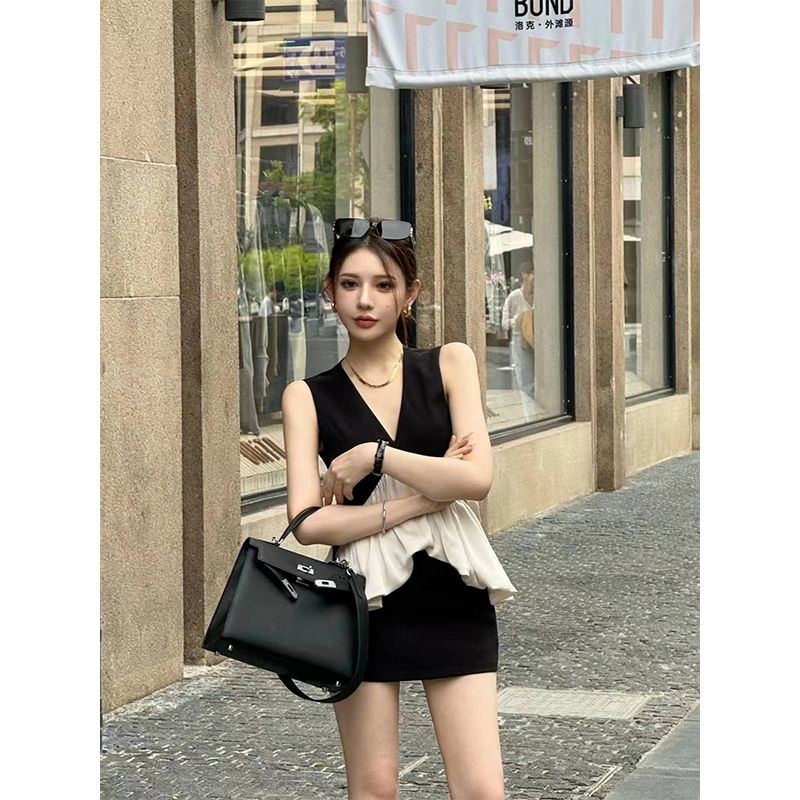 法式拼接無袖背心女夏季2024新款修身設計感小眾別致小衫短款上衣
