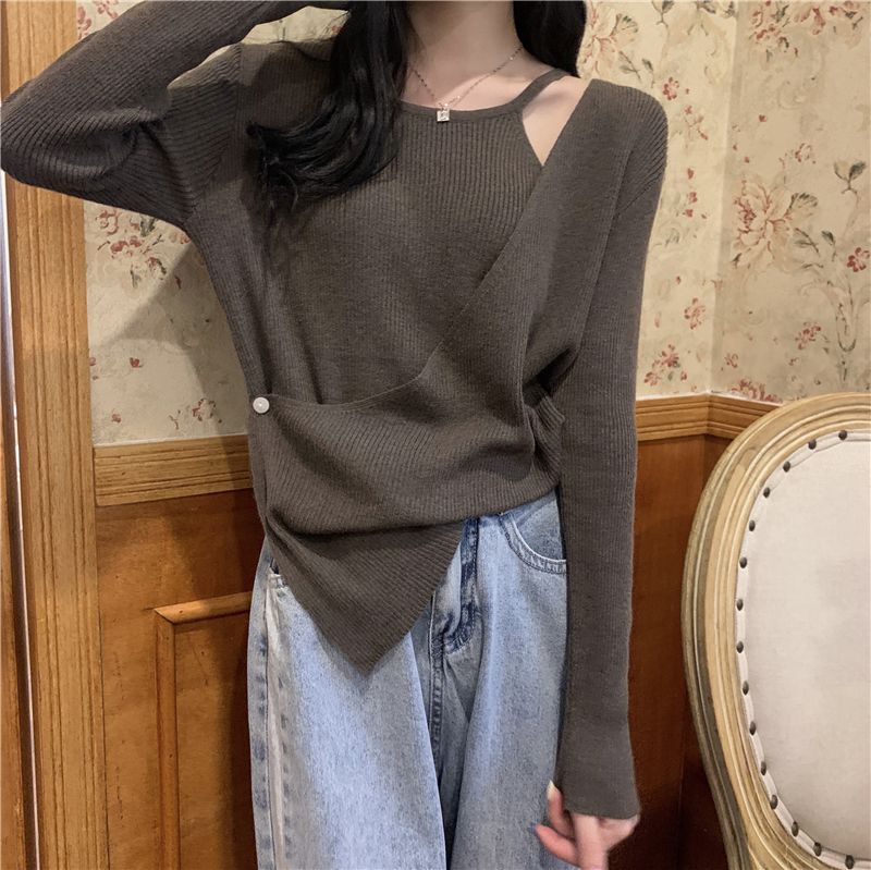實拍 真 秋季新款設計感假兩件長袖針織衫上衣女