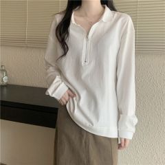 實拍 真 秋季新款寬鬆拉鏈長袖POLO領T恤女