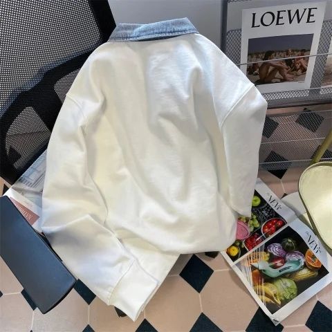 Chic Hong Kong-style denim patchwork jacket with a regular shoulder design, women's autumn American half-zip polo shirt with a stand-up collar