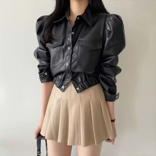 Autumn and winter Korean chic retro lapel single-breasted double-pocket leather jacket