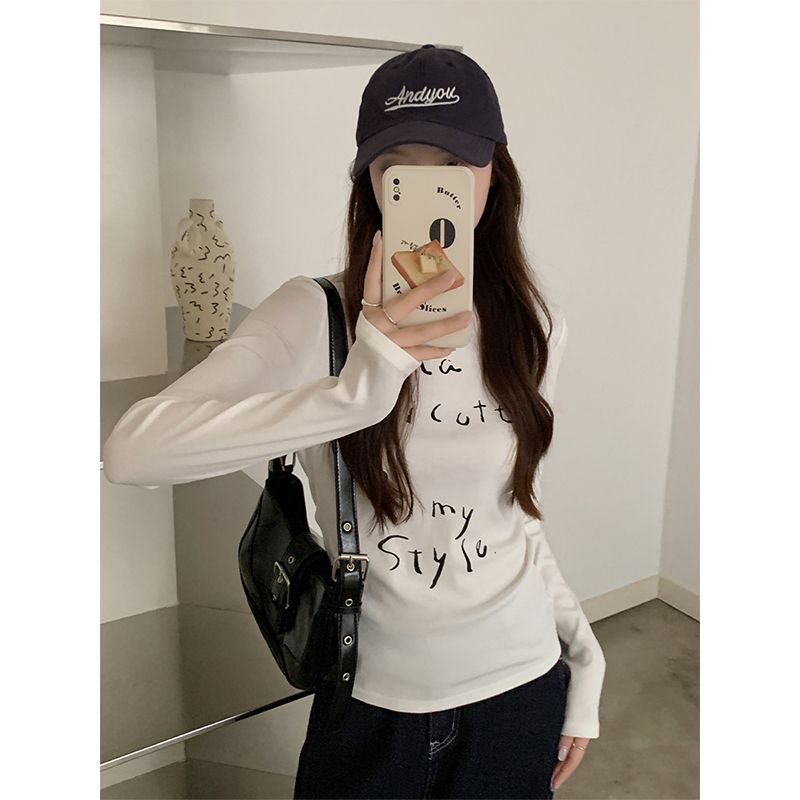 Real shot American style hot girl long-sleeved summer new high-grade letter T-shirt printed slimming slimming shirt for women 