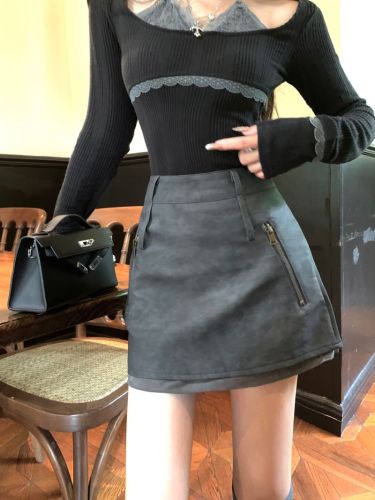 Real shot!  !  American brown skirt autumn high waist a line hot girl pu leather short skirt hip skirt