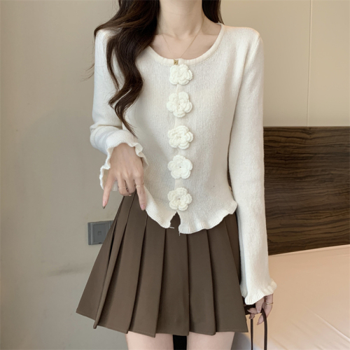 Actual shot of the new Korean style three-dimensional flower pure desire irregular hem curled long-sleeved sweater top