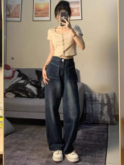 Spring and Autumn High-Waisted Retro Vibe Wide-Leg Denim Jeans for Women - Slim Design, American High Street Style, Instagram-Friendly Straight Leg Pants