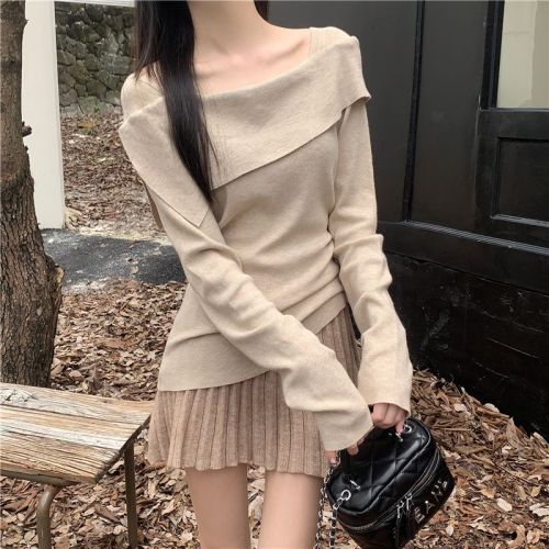 Actual shoot, one-shoulder knit base shirt for women, autumn outfit, irregular inner wear, long-sleeved top