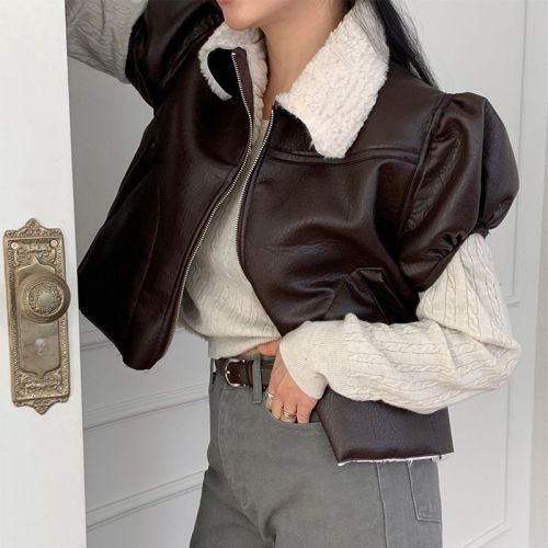 Korean winter new lamb fur all-in-one short velvet and thickened motorcycle jacket leather vest