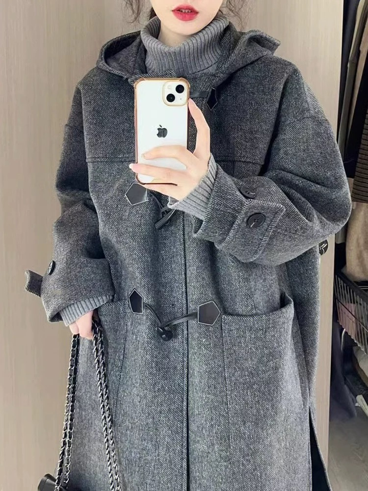 Korean high-end gray horn button woolen coat mid-length autumn and winter loose temperament coat for women