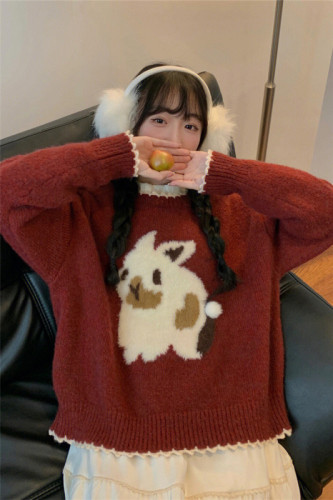 Christmas red sweater for small women in autumn and winter, lazy retro, gentle, zodiac year, rabbit New Year clothes