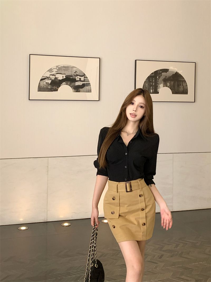Actual shot of pure Korean female temperament waist-cinching shirt button design hip-covering skirt suit