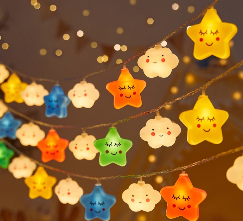 Rainbow string lights in the sky full of stars and clouds, colorful lights, birthday scene hanging lights, Children's Day decoration, decorative atmosphere lights