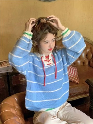 Korean-style sweet age-reducing design color-blocked striped V-neck tie loose thickened knitted sweater