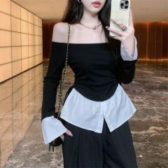 Real-shot French-style chic black off-shoulder top with drawstring detailing—new, uniquely designed, and featuring long sleeves.