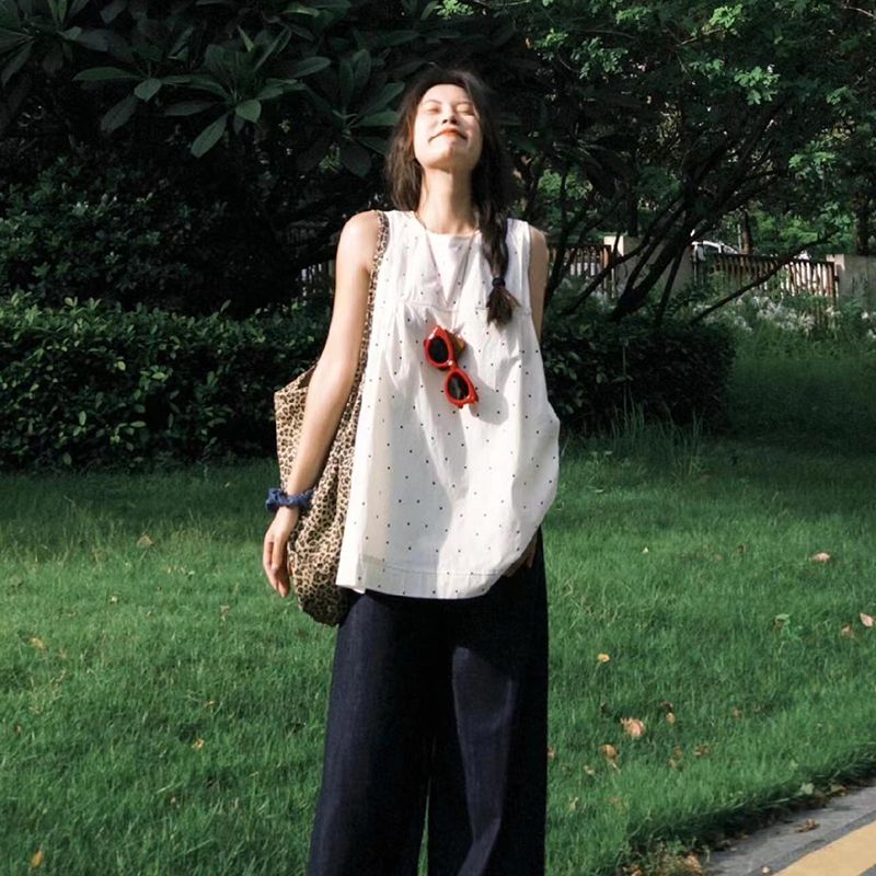 波點無袖T恤女夏設計感小眾減齡百搭上衣外穿大版寬鬆背心娃娃衫