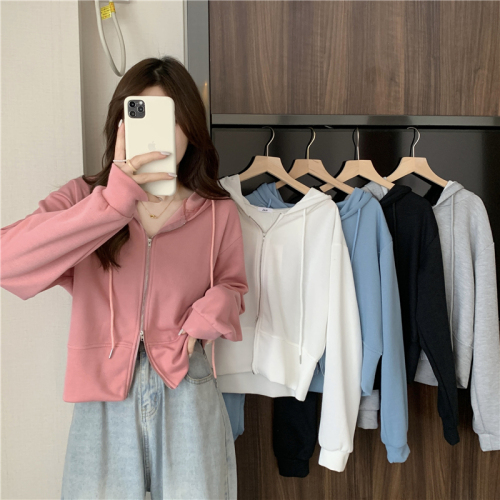 Actual shot of new spring Korean style zipper design hooded long-sleeved sweatshirt jacket for women