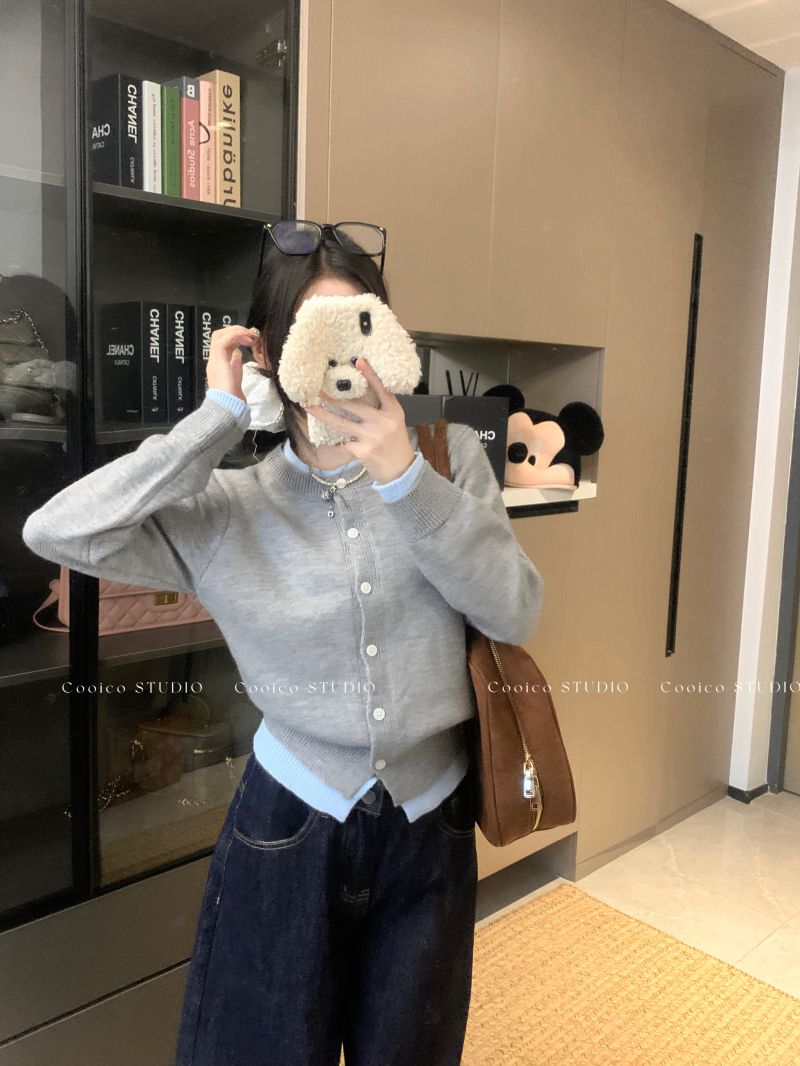 Real shot~Autumn new Korean version color matching fake two-piece single-breasted casual versatile sweater cardigan