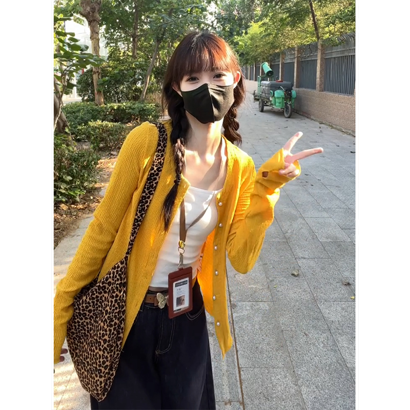 Yellow dressy cardigan for women, textured, early autumn, thin, sweet and spicy style, outerwear for sun protection, long-sleeved top